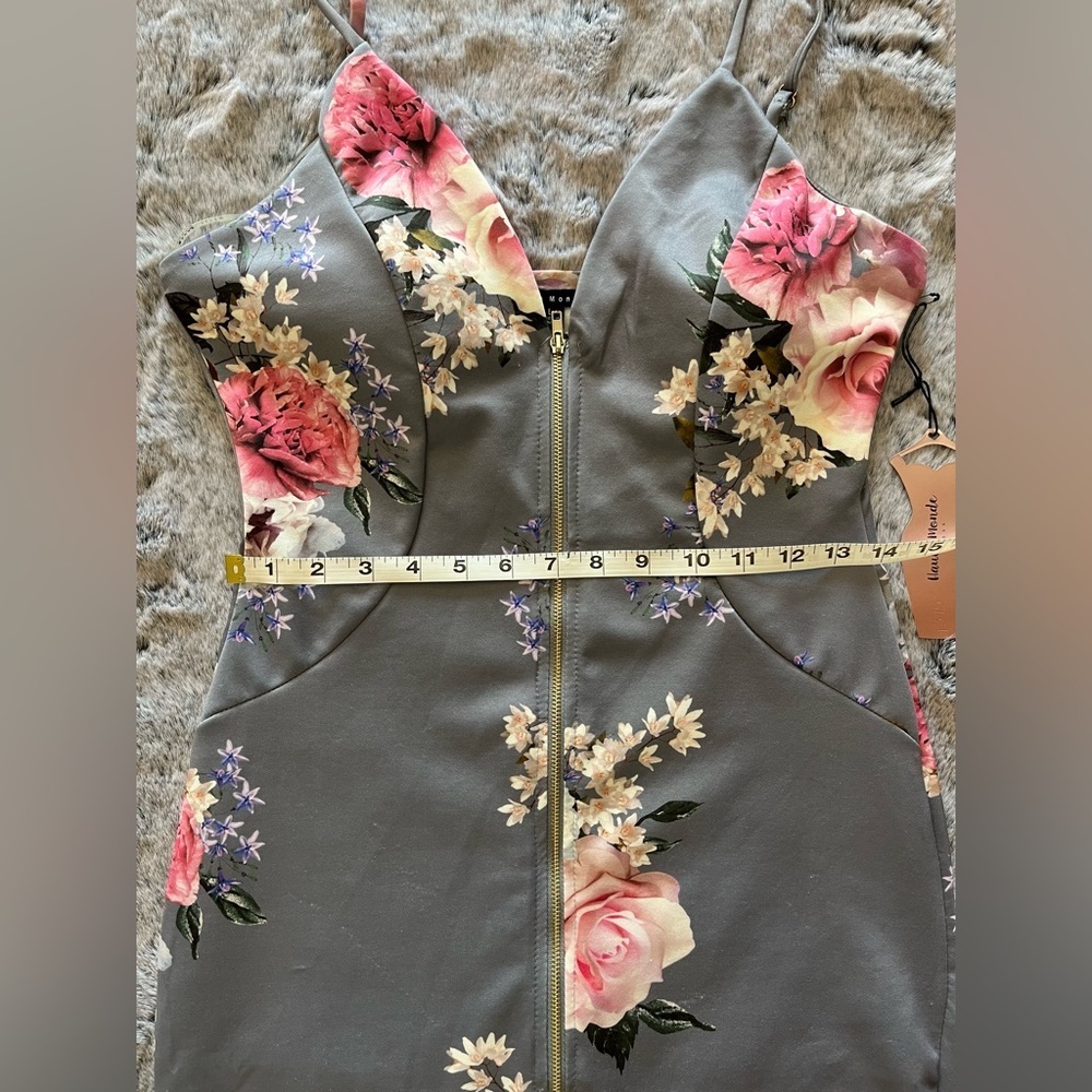NWT Haute Monde Gray & Pink Floral full zip up mini dress, Bodycon Large 8-10 - Picture 12 of 15